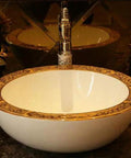 USZWBY Bathroom Vessel Sink, Basin Sink Golden Edge Artistc Pocelain Countertop Thick Wall Round Bathroom Sink Wash Basin-2 on countertop with decorative elements.