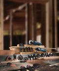 Top Shelf Plunge Cut Blades For Oscillating Multi Tools Featuring Starlock Adapters Swiss Made Pro Steel Built displayed on a workbench.