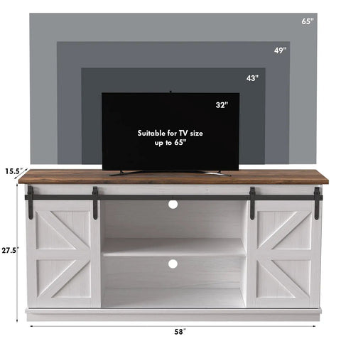 65 Inch TV Stand With Storage Cabinets And Sliding Barn Doors In Bright White Dope Farmhouse Style Entertainment Console with size guide