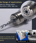 Close-up of CNC tool with drill bit and ER32 collet, showing 26 Piece ER32 Spring Collet Set For CNC Engraving Milling Lathe Tools.