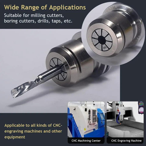 Close-up of CNC tool with drill bit and ER32 collet, showing 26 Piece ER32 Spring Collet Set For CNC Engraving Milling Lathe Tools.