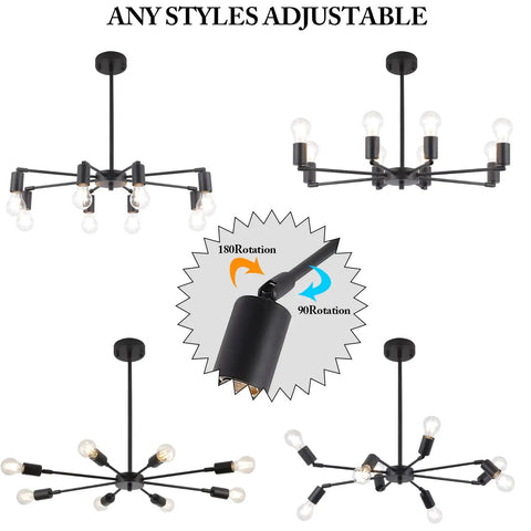 Dope Modern Sputnik 8-Light Industrial Matte Black Chandelier With 180 Degree Rotatable Lamp Cups showing adjustable styles.