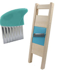 Two-piece Aoserge wave waffle crinkle potato cutter set: turquoise handheld cutter and wooden stand with blue panel.