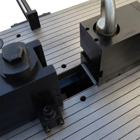 Close-up of Heavy Duty 40 Ton Horizontal Hydraulic Tube And Pipe Bender With 2 Inch Die showing alignment mechanism and grooves.