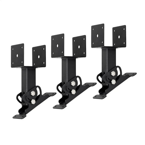 Three heavy duty weatherproof adjustable roof riser brackets for balcony and patio pergola mounts in black metal.