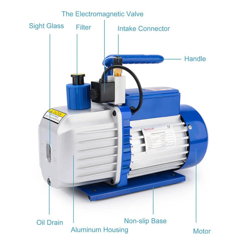 5 CFM 2 Stage Rotary Vane Vacuum Pump with Solenoid Valve for HVAC 110V Half HP Ultimate Vacuum 10 to 15 Pa, side view