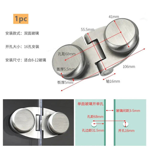 Rock Solid Frameless Glass Door Hinge Flat Open Cabinet Connector For Wine Rack And Pet Crate Killer Quality Stainless Steel hardware image showcasing dual circular fittings and dimensions.