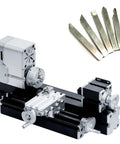 Zhrui Mini Metal Lathe Machine With 5 Pc Carbide Cutter Set, 20K Rpm Ultra Quiet Motor, All Metal Build, High Precision Turning For Wood Acrylic And Soft Metals Ready To Use Out The Box, showing bench lathe and tools.