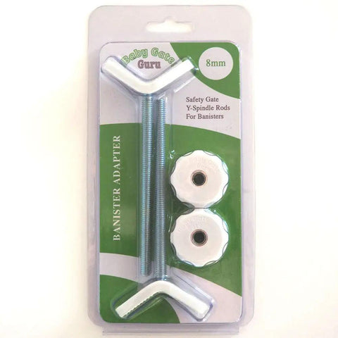 Extra Long Banister Adapter Y Spindle Rods 8mm For Stair Gates 2 Pack White With No Slip Grip Padding in packaging