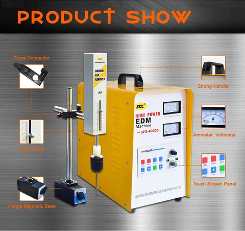 Portable EDM Broken Tap Remover 3000W 110V SFX4000B with ammeter, voltmeter, and touch screen panel for M2 to M48 taps.