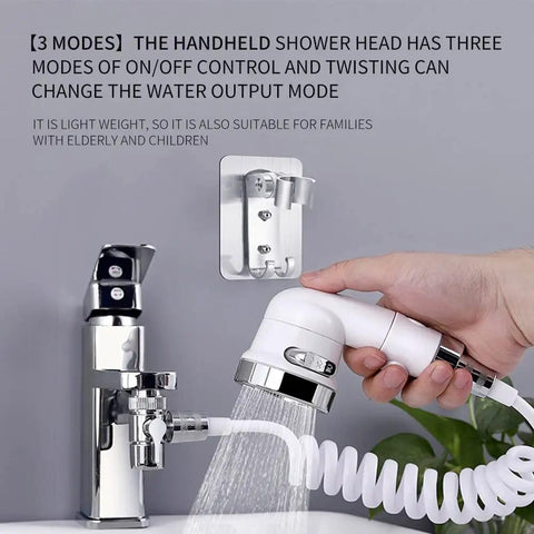 Sink Faucet Sprayer Hose Attachment Handy Rinser Shower Head Set with 3 modes, white and chrome, used for washing