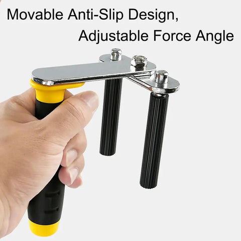 Hand holding Built Like A Tank Portable Drywall Panel Lifter With Anti Slip Rubber Sleeve for easy gypsum board lifting.