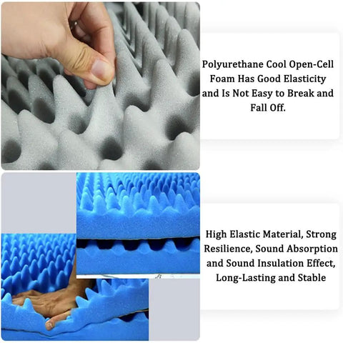 Premium Peel And Stick Acoustic Foam Panels, Heavy Duty Soundproofing Wall Padding For Home Cinema And Recording Studio, Fire Retardant Noise Dampening Roll That Slaps On Quick And Silences Echo For Any Sick Vibes Or Pro Setup, grey and blue textured acoustic foam close-up.