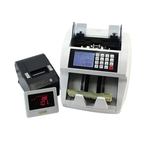Slick High Performance Money Counter With Digital Lcd Display showing cash counting and totals, featuring a fake bill scanner.