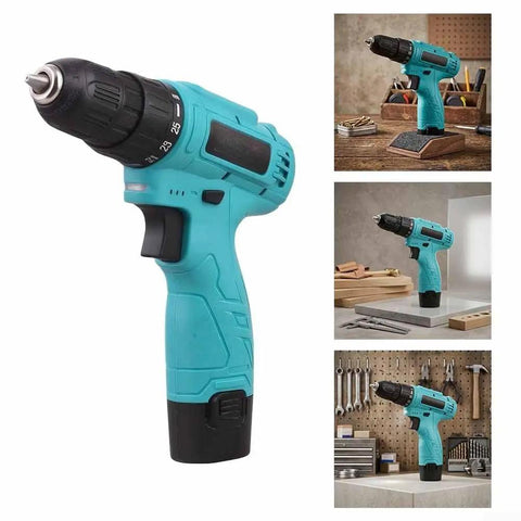 Straight Up Heavy Duty 12V Cordless Drill Pack With Hella Strong 25 Plus One Torque Dial And Dual Swappable Batteries Paired With Quick USB C Fast Charging showcased in a workshop.