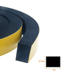 Close-up of adhesive foam weatherstripping roll; black foam with yellow backing, 1 in wide by 3/4 in thick.