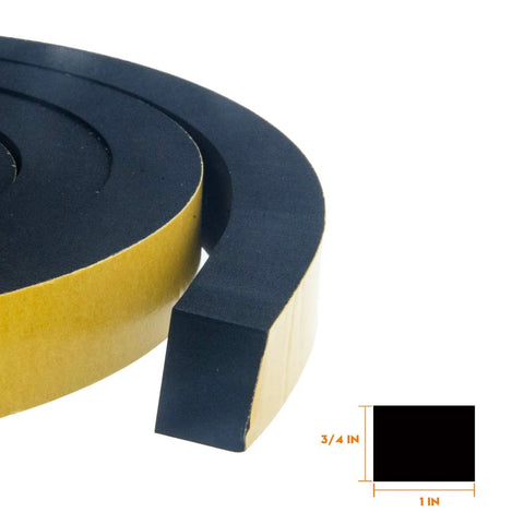 Close-up of adhesive foam weatherstripping roll; black foam with yellow backing, 1 in wide by 3/4 in thick.