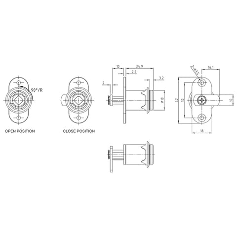 Technical drawing of Bayonet Cam Lock For Furniture And Office Cabinets, 18 Mm Cylinder Diameter, 22 Mm Lock Length, Right-Hand