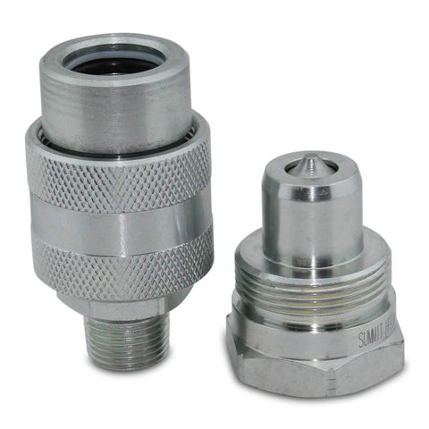 Front view of Summit Hydraulics 3/8 in high‑pressure hydraulic quick coupler set, knurled chrome bodies