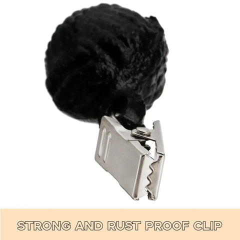 Six Pack Black Tablecloth Weights With Resin Round Ball Hangers And Metal Clips Heavy Duty Cloth Clips For Outdoor Parties Picnics And Family Dinners Keeps Table Covers In Place Against Wind close-up of a black resin ball weight with a metal clip