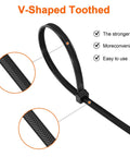 Heavy Duty 12 Inch Zip Ties With 200Lbs Tensile Strength, V Shaped Toothed Double Sided Cable Ties, close-up of black nylon tie