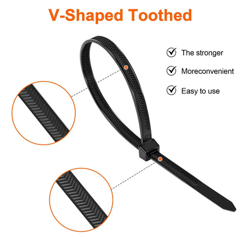 Heavy Duty 12 Inch Zip Ties With 200Lbs Tensile Strength, V Shaped Toothed Double Sided Cable Ties, close-up of black nylon tie