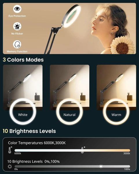 10X Magnifying Glass With Light And Stand For Close Work, showing color modes and brightness levels for eye-friendly viewing.