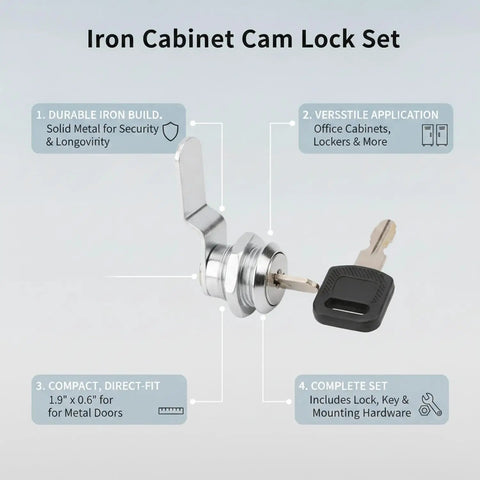 Multipurpose Iron Cam Lock For Metal Cabinets, File Drawers, And Lockers with key and mounting hardware in set
