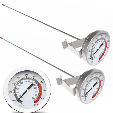 16 Inch Long Stem Deep Fry Thermometer With Pot Clip Two Pack Instant Read 2 Inch Dial Meat Thermometer For Deep Fry Turkey Grill Candy Coffee And More Your Go To BBQ And Grill Ready Multi Purpose Kitchen Tool displayed with stainless steel build and visible temperature range.