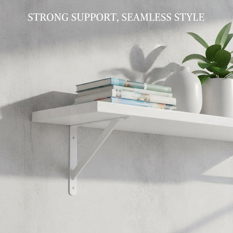 Rock-Solid White Carbon Steel Wall Mount Bracket For Floating Shelves holding books and vases on a wall.