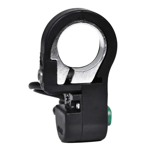 Side view of 23mm Mini Ebike Horn Switch with 5 Ft Cable Horn Button, showing clamp for 22.5mm handlebars and green activation button.