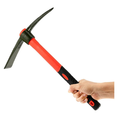 Hand holding 15 Inch Forged Steel Pick Mattock Hoe With Fiberglass Handle For Digging Gardening Camping Prospecting And Construction Work A Beast Weeding Tool Built For Tough Jobs
