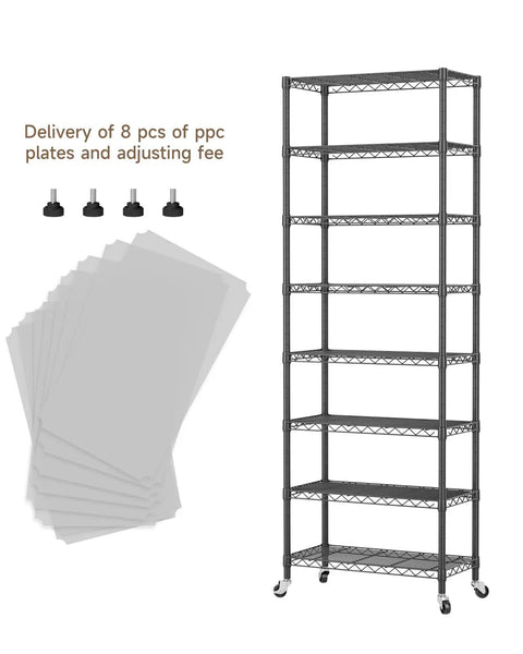 8 Tier Adjustable Metal Wire Storage Shelf Unit For Kitchen Garage And Laundry Beefy Build Sturdy Standing Rack With Rust Resistant Coating And 800lbs Total Capacity Easy Assembly Space Saving Organizer, black metal wire shelf with casters