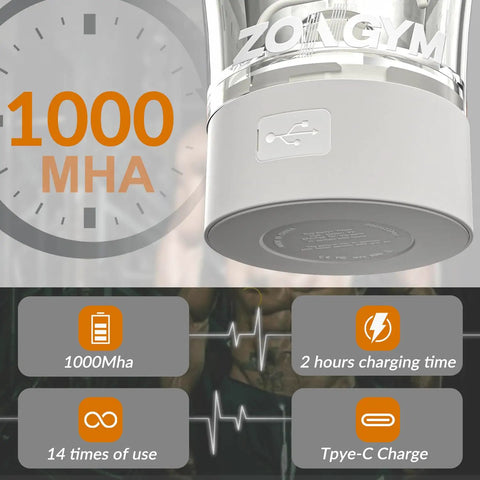 Close-up of 24 Oz USB Rechargeable Protein Shaker Bottle With BPA Free Tritan Cup showing battery details and features