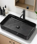 USZWBY Black Marble Pattern Vessel Vanity Sink Above Counter Basin Square Ceramic Wash Bathroom Sink modern design with faucet.