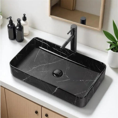 USZWBY Black Marble Pattern Vessel Vanity Sink Above Counter Basin Square Ceramic Wash Bathroom Sink modern design with faucet.