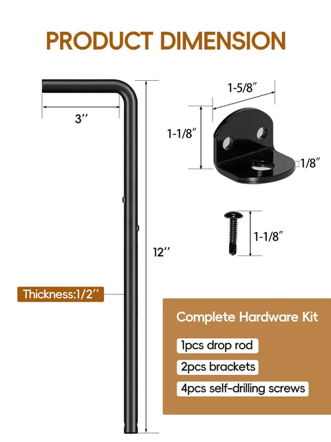 Heavy Duty Cane Bolt Gate Drop Rod Stopper For Wood Metal Vinyl Fences, Ground Pin Latch Keeps Gates Secure When Open Or Closed, 12 Inch, Black, 2 Pack with dimensions and hardware listed.