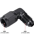 AN4 Female To 4AN Male Flare 90 Degree Swivel Fitting Adapter Coupler Aluminum Black, 6061 T6 Billet Aluminum, Anodized Finish For Strength And Corrosion Resistance, 37 Degree Sealing Angle, Full Swivel Head, 4AN 7/16-20 UNF