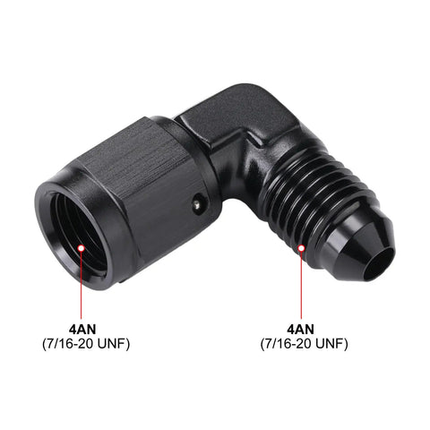 AN4 Female To 4AN Male Flare 90 Degree Swivel Fitting Adapter Coupler Aluminum Black, 6061 T6 Billet Aluminum, Anodized Finish For Strength And Corrosion Resistance, 37 Degree Sealing Angle, Full Swivel Head, 4AN 7/16-20 UNF