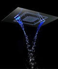 No Sweat Ceiling Mounted Shower Combo Set With Thermostatic Concealed Valve And Slick Chrome Trim For Modern Bathrooms Built Tough Copper Core Seamless LED Spray Head Plus Tub Spout, LED rainfall shower head with blue lights and water spray.