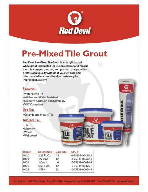 Pre Mixed Tile Grout White One Half Pint Per Unit Pack Of Twelve For Walls And Floors Professional Quality With Excellent Adhesion Easy DIY Application Long Lasting Durability For Ceramic And Mosaic Tiles Made In USA, product information sheet with images of grout containers and features list.