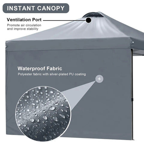 10x10 Pop Up Canopy Tent With Side Walls Waterproof Portable Shade showing waterproof fabric and ventilation port detail