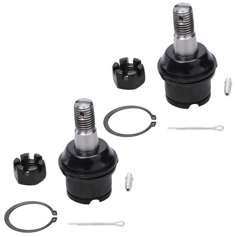 Dodge Ram 4x4 Front 10-Piece Suspension Kit for 03-08 2500 3500 Megacab, Heavy Duty Front End Overhaul With Steering Damper, Tie Rods, Ball Joints, Control Arms, And More For A Rugged Ride. Two black metal ball joints with clips and cotter pins