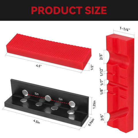 Top Shelf 4.5 Inch Magnetic Soft Jaws For Bench Vise Featuring Universal Non Slip Grip Pads, red and black sizes displayed.