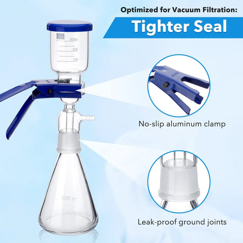 Pro Grade Lab Vacuum Filtration Distillation Apparatus Kit With 500 Milliliters Glass Vacuum Flask, 300 Milliliters Graduated Funnel, 100 Pcs Filter Paper, Borosilicate Glass Construction, Leak Free Clamp For Chemistry Lab, featuring aluminum clamp and leak-proof joints