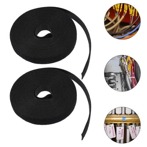 Two Rolls Black Reusable Hook Loop Cable Ties For Hassle Free Cord Management And Keep Your Desk Setup Looking Sharp While Delivering A Rock Solid Grip On All Your Power Cords shown coiled for cable organization.