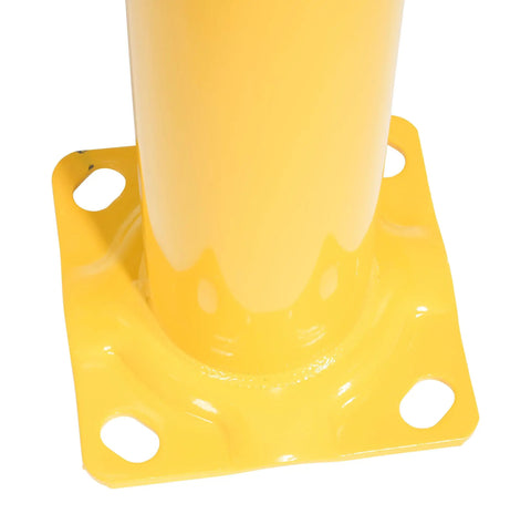 Base plate of Real Deal Heavy Duty Steel Pipe Safety Bollard 36 Inches Tall Four Point Five Inch Wide Powder Coated Safety Yellow.