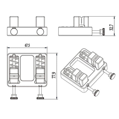 Technical drawing of Pro Grade Soldering Station Wire Clamp Fixture Table For Stable Circuit Board Assembly details and dimensions.