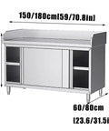 Heavy Duty Stainless Steel Prep Table With Cabinet And Splash Guard Slick Commercial Kitchen Workbench dimensions marked on front.