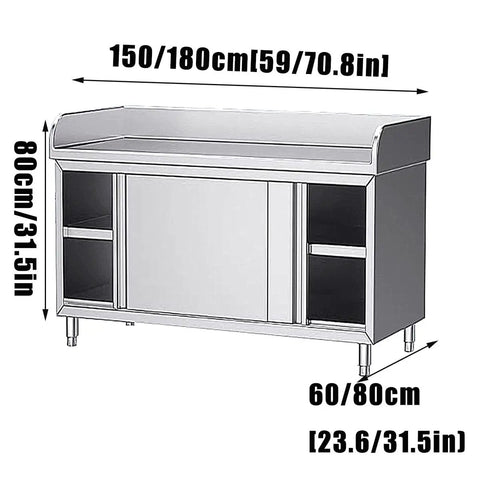 Heavy Duty Stainless Steel Prep Table With Cabinet And Splash Guard Slick Commercial Kitchen Workbench dimensions marked on front.